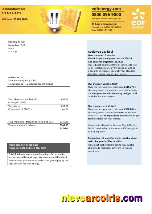 United Kingdom EDF Energy electricity and gas business utility bill, version 2